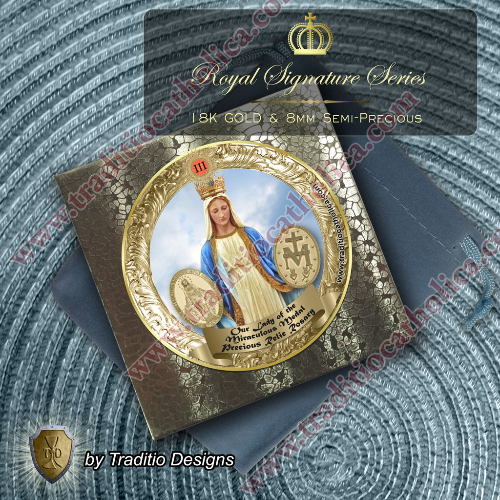 Our Lady of the Miraculous Medal Limited Edition Royal Relic Rosary | 18K Rose Gold | Unexpected Miracles, Protection & Divine Graces | Aventurine & Larimar Quartz | 3rd Class Relic