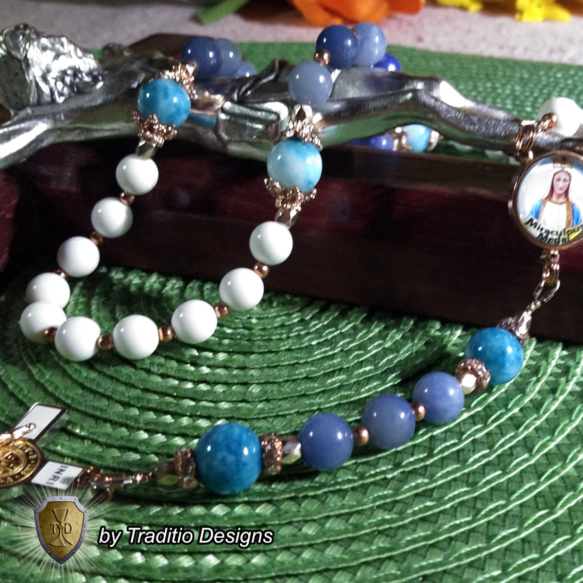 Our Lady of the Miraculous Medal Limited Edition Royal Relic Rosary | 18K Rose Gold | Unexpected Miracles, Protection & Divine Graces | Aventurine & Larimar Quartz | 3rd Class Relic