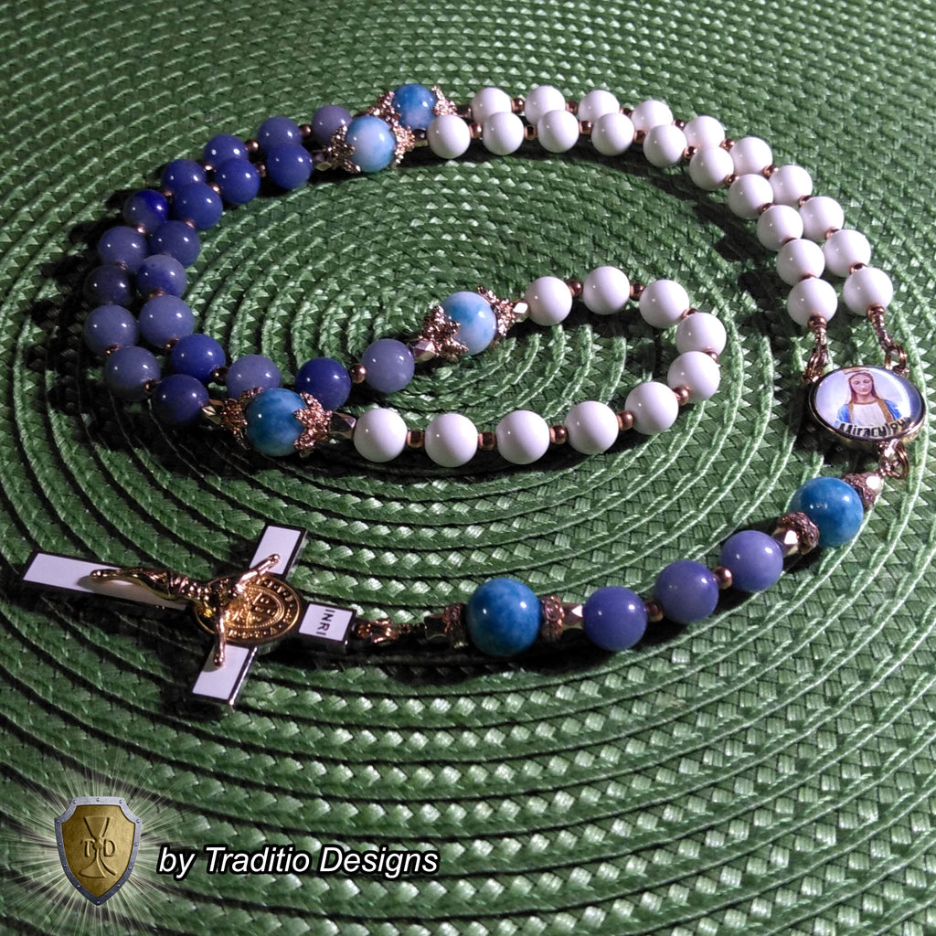 Our Lady of the Miraculous Medal Limited Edition Royal Relic Rosary | 18K Rose Gold | Unexpected Miracles, Protection & Divine Graces | Aventurine & Larimar Quartz | 3rd Class Relic