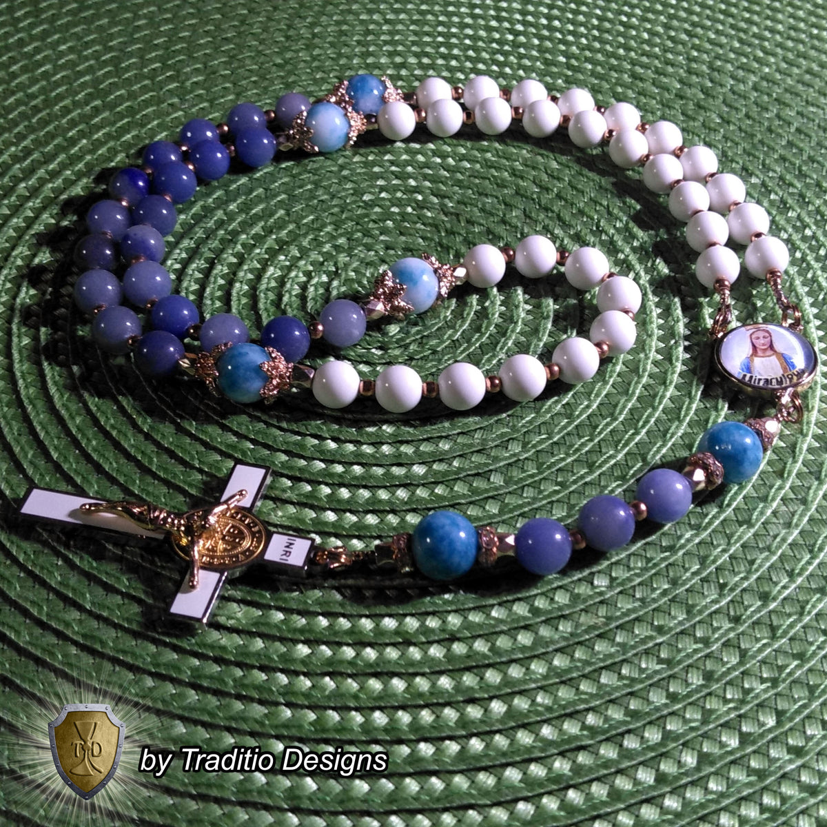 Our Lady of the Miraculous Medal Limited Edition Royal Relic Rosary | 18K Rose Gold | Unexpected Miracles, Protection & Divine Graces | Aventurine & Larimar Quartz | 3rd Class Relic