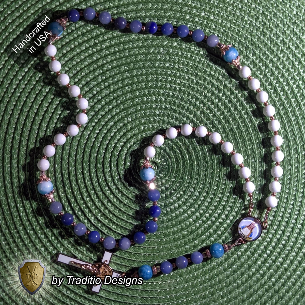 Our Lady of the Miraculous Medal Limited Edition Royal Relic Rosary | 18K Rose Gold | Unexpected Miracles, Protection & Divine Graces | Aventurine & Larimar Quartz | 3rd Class Relic