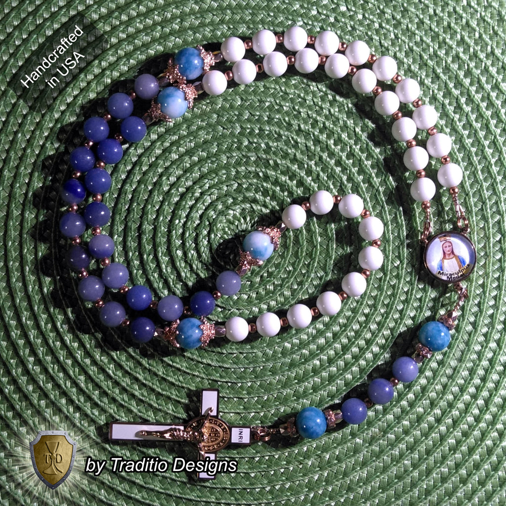 Our Lady of the Miraculous Medal Limited Edition Royal Relic Rosary | 18K Rose Gold | Unexpected Miracles, Protection & Divine Graces | Aventurine & Larimar Quartz | 3rd Class Relic