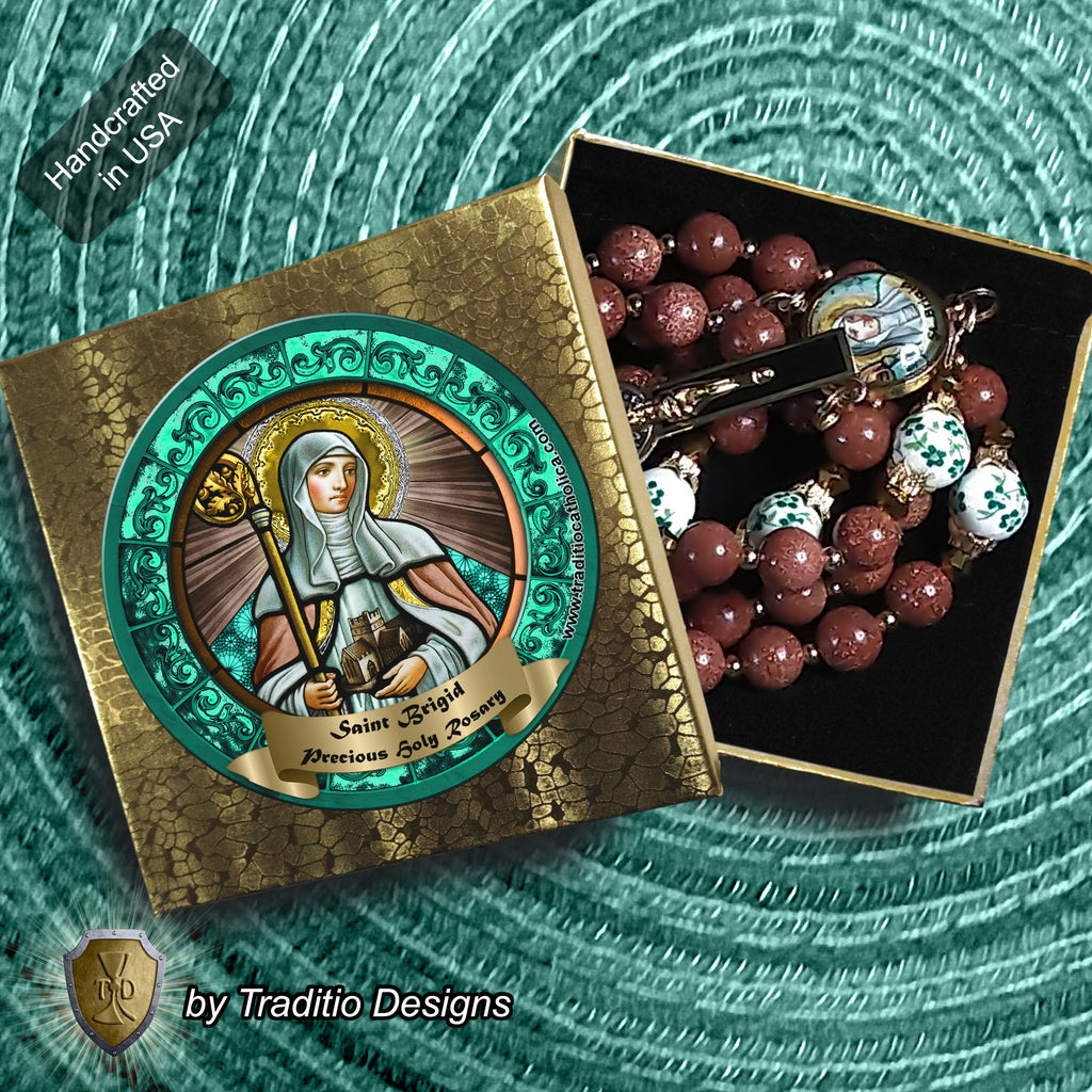 St. Brigid of Kildare Limited Edition Royal Rosary | 18K Gold | Midwifery, Infant Protection & Safe Birth | Golden Sandstone & Hand-Painted Porcelain