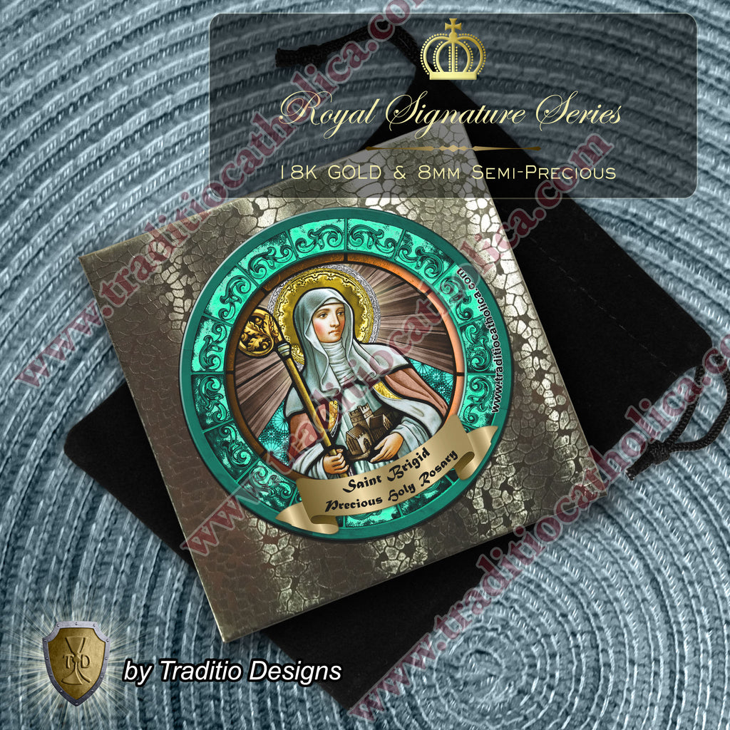 St. Brigid of Kildare Limited Edition Royal Rosary | 18K Gold | Midwifery, Infant Protection & Safe Birth | Golden Sandstone & Hand-Painted Porcelain