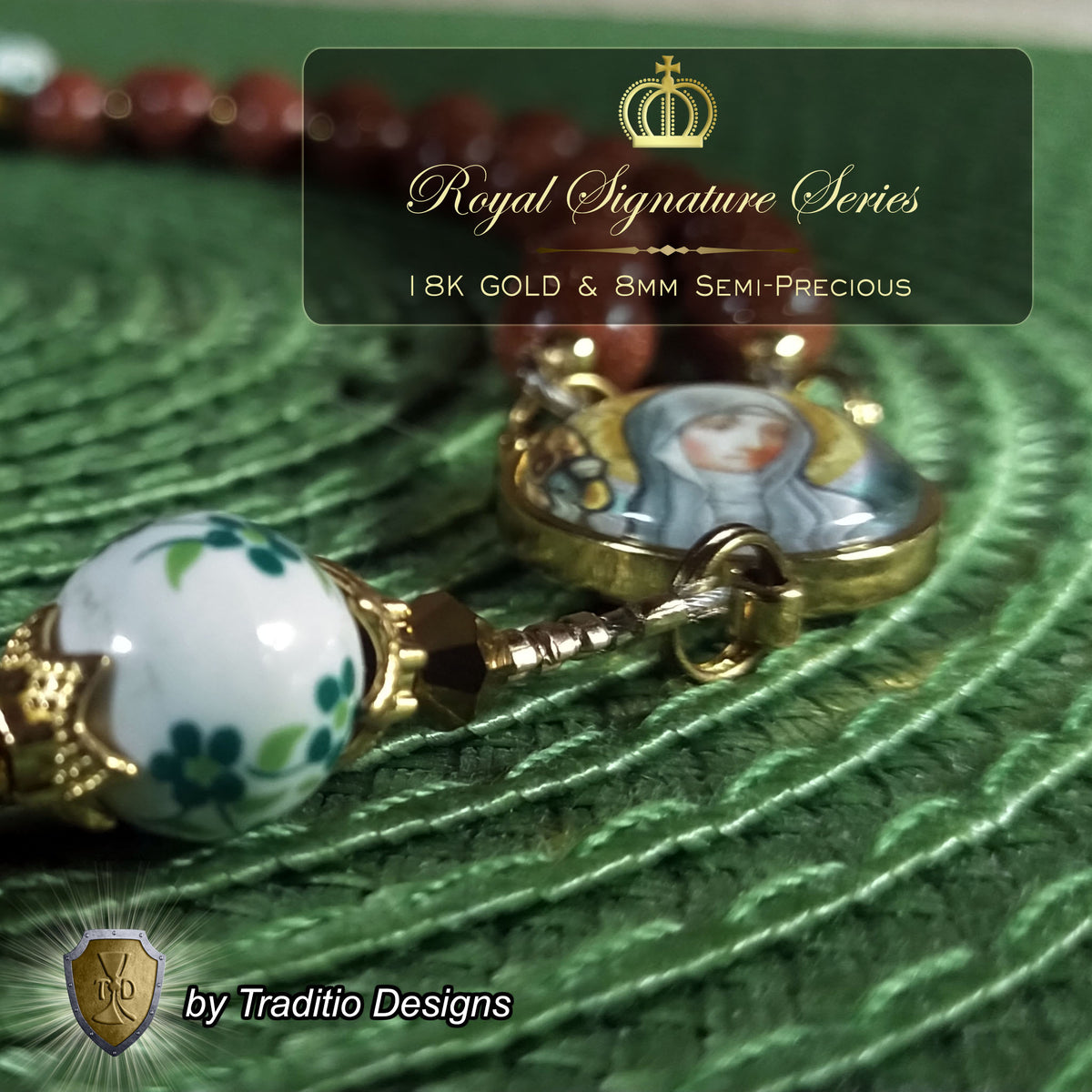 St. Brigid of Kildare Limited Edition Royal Rosary | 18K Gold | Midwifery, Infant Protection & Safe Birth | Golden Sandstone & Hand-Painted Porcelain