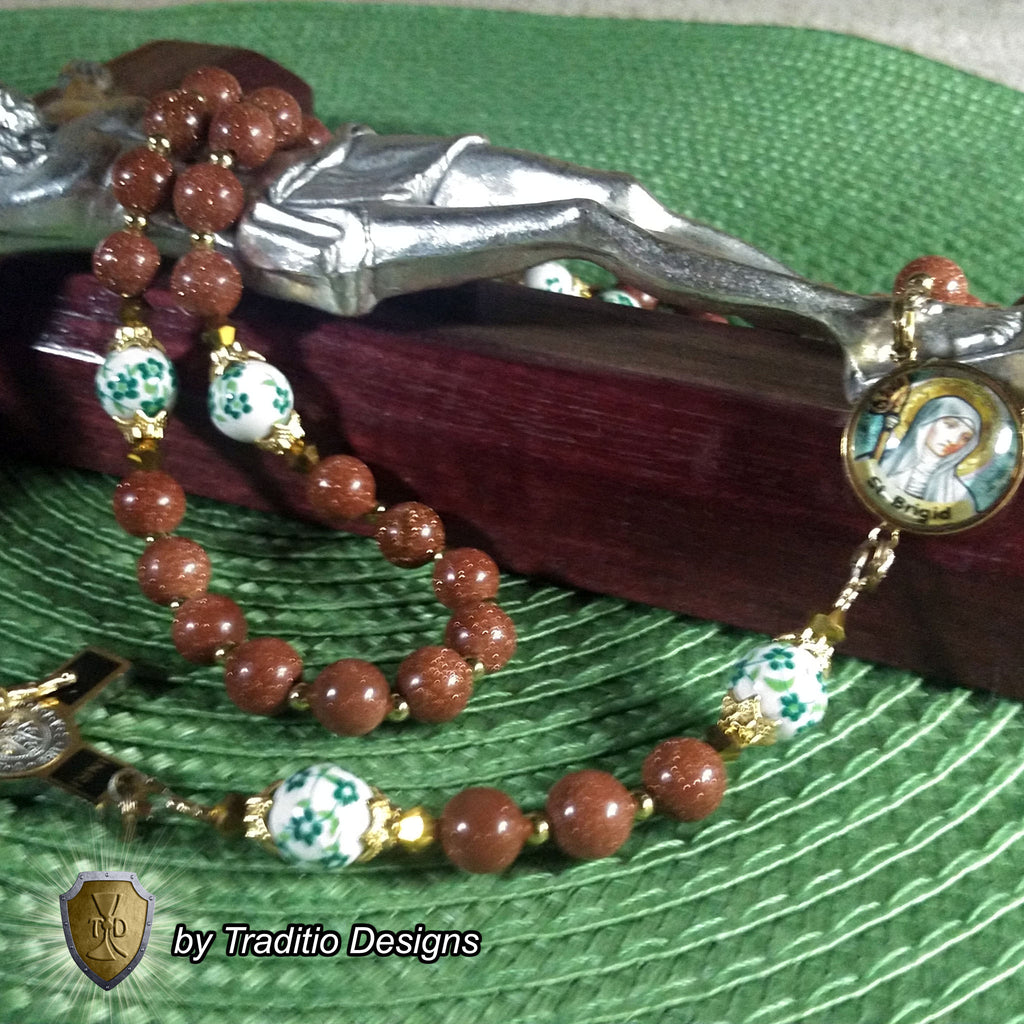 St. Brigid of Kildare Limited Edition Royal Rosary | 18K Gold | Midwifery, Infant Protection & Safe Birth | Golden Sandstone & Hand-Painted Porcelain