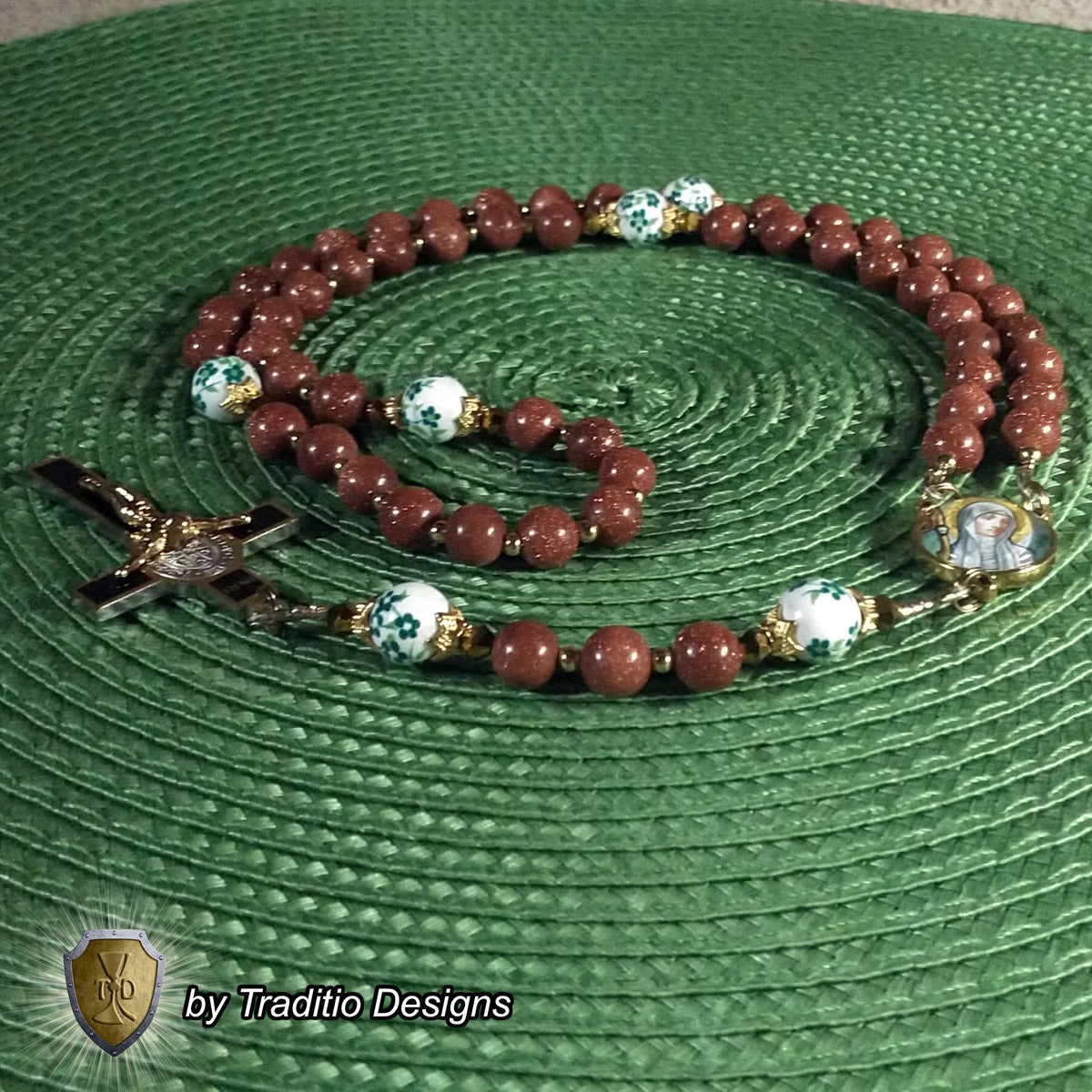 St. Brigid of Kildare Limited Edition Royal Rosary | 18K Gold | Midwifery, Infant Protection & Safe Birth | Golden Sandstone & Hand-Painted Porcelain