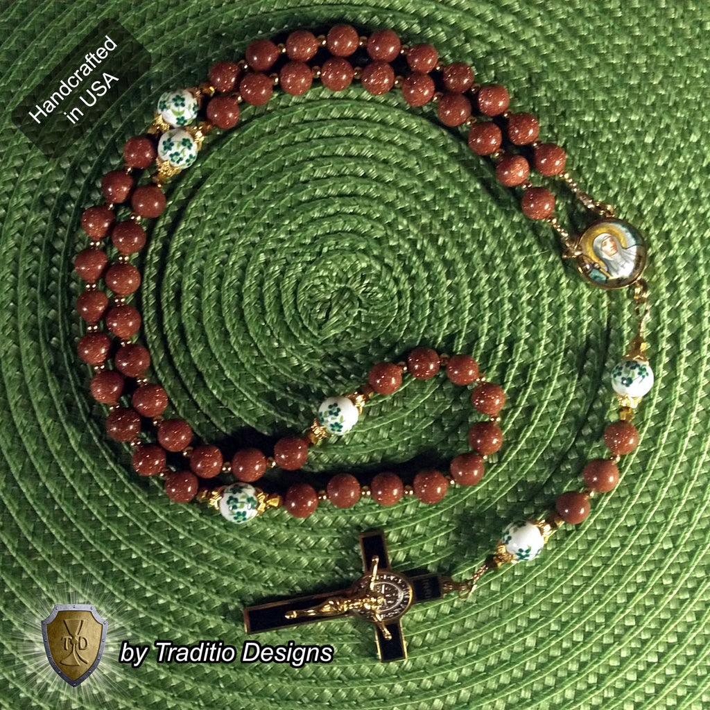 St. Brigid of Kildare Limited Edition Royal Rosary | 18K Gold | Midwifery, Infant Protection & Safe Birth | Golden Sandstone & Hand-Painted Porcelain
