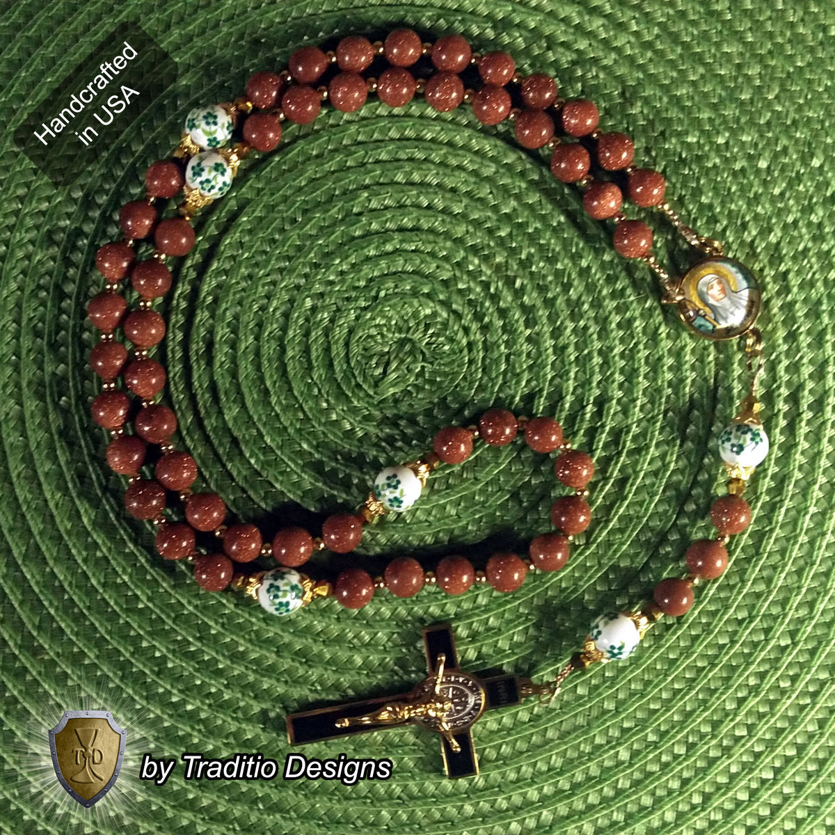 St. Brigid of Kildare Limited Edition Royal Rosary | 18K Gold | Midwifery, Infant Protection & Safe Birth | Golden Sandstone & Hand-Painted Porcelain