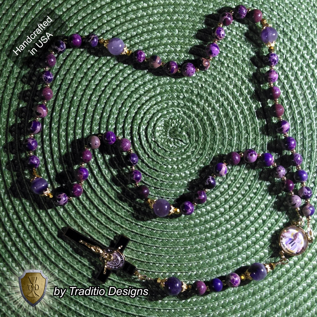St. John Vianney Limited Edition Royal Relic Rosary | 18K Gold | Exhaustion, Mental Stress & Spiritual Affliction | Purple Emperor Jasper & Dogtooth Amethyst | 3rd Class Relic