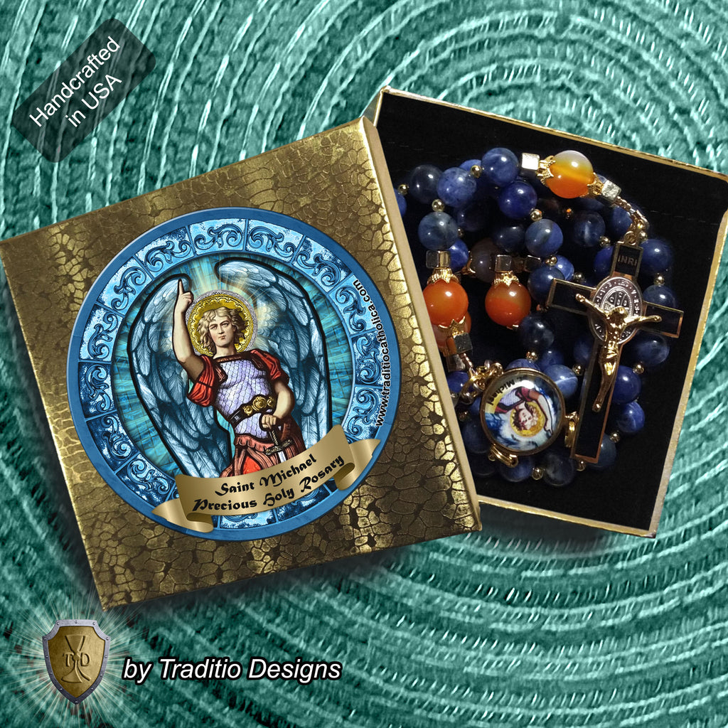 St. Michael the Archangel Limited Edition Royal Rosary | 18K Gold | Defend Us in Battle & Divine Protection | Sodalite & Red Stripe Carnelian