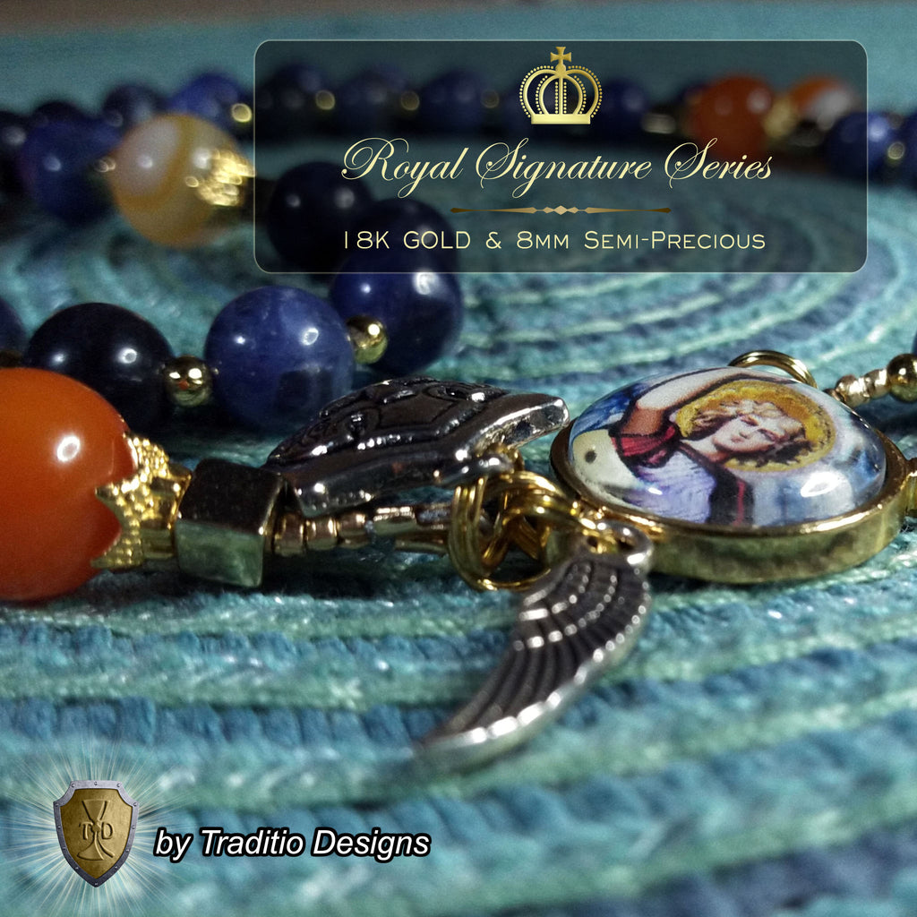 St. Michael the Archangel Limited Edition Royal Rosary | 18K Gold | Defend Us in Battle & Divine Protection | Sodalite & Red Stripe Carnelian