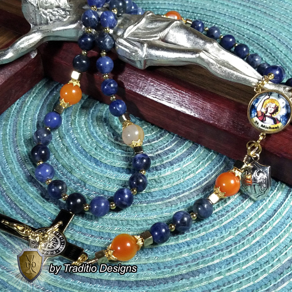 St. Michael the Archangel Limited Edition Royal Rosary | 18K Gold | Defend Us in Battle & Divine Protection | Sodalite & Red Stripe Carnelian