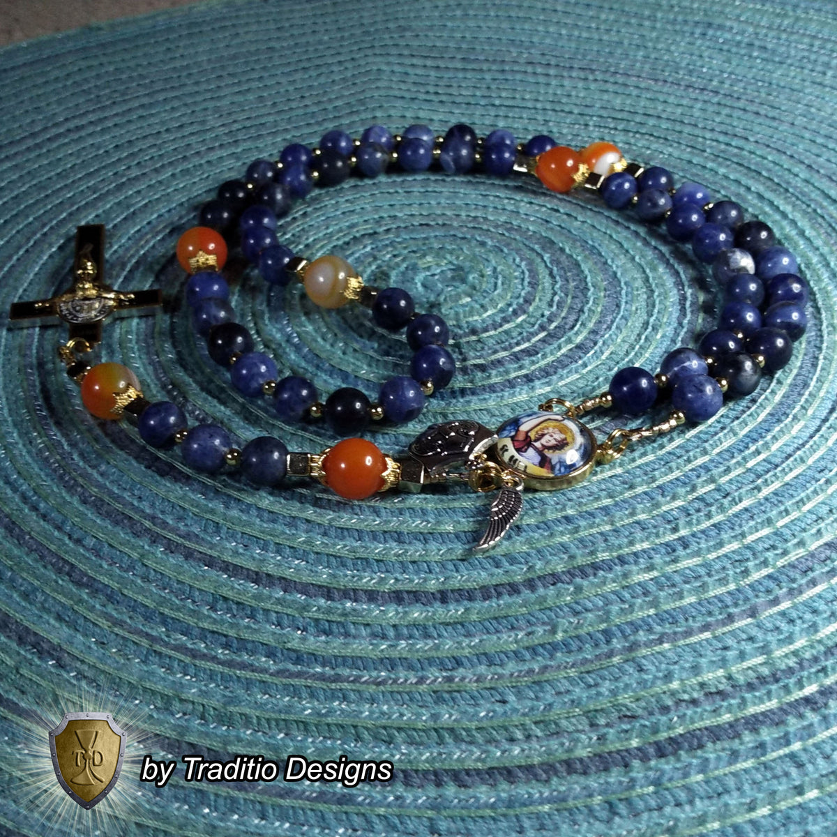 St. Michael the Archangel Limited Edition Royal Rosary | 18K Gold | Defend Us in Battle & Divine Protection | Sodalite & Red Stripe Carnelian