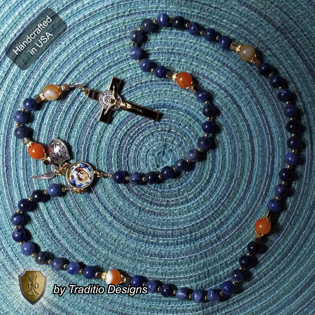 St. Michael the Archangel Limited Edition Royal Rosary | 18K Gold | Defend Us in Battle & Divine Protection | Sodalite & Red Stripe Carnelian