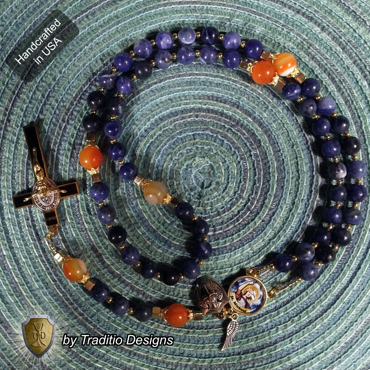 St. Michael the Archangel Limited Edition Royal Rosary | 18K Gold | Defend Us in Battle & Divine Protection | Sodalite & Red Stripe Carnelian