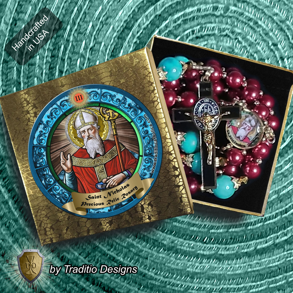 St. Nicholas Limited Edition Royal Relic Rosary | 18K Gold & Onyx Black Gold | Respiratory Issues and Fall Injuries | Glass and Turquoise | 3rd Class Relic
