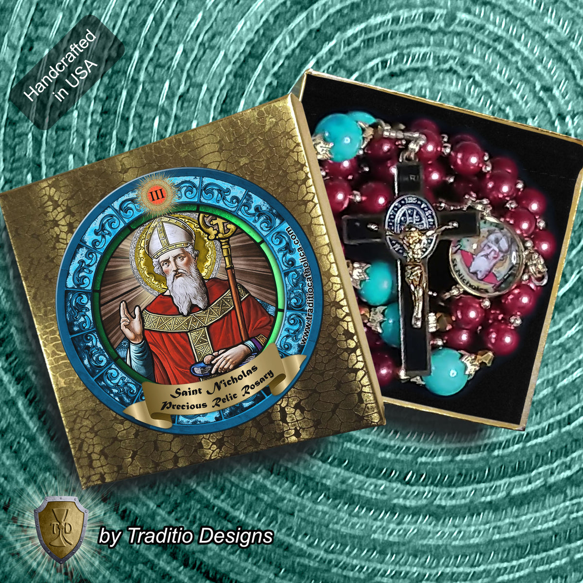 St. Nicholas Limited Edition Royal Relic Rosary | 18K Gold & Onyx Black Gold | Respiratory Issues and Fall Injuries | Glass and Turquoise | 3rd Class Relic