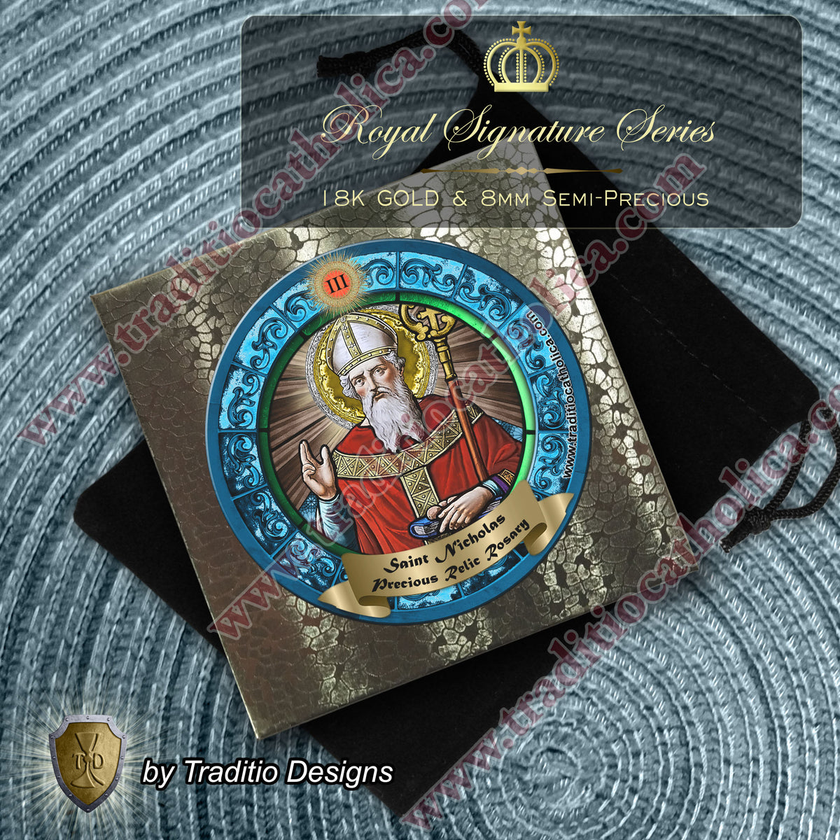 St. Nicholas Limited Edition Royal Relic Rosary | 18K Gold & Onyx Black Gold | Respiratory Issues and Fall Injuries | Glass and Turquoise | 3rd Class Relic