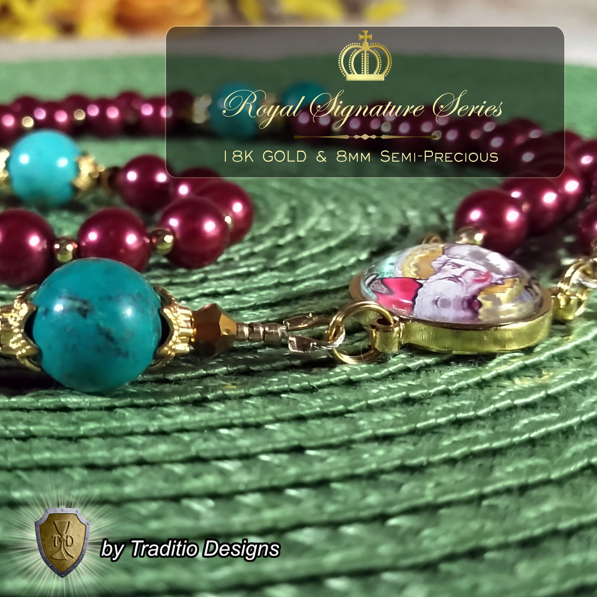 St. Nicholas Limited Edition Royal Relic Rosary | 18K Gold & Onyx Black Gold | Respiratory Issues and Fall Injuries | Glass and Turquoise | 3rd Class Relic