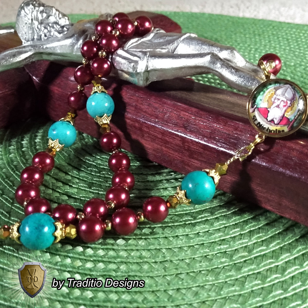 St. Nicholas Limited Edition Royal Relic Rosary | 18K Gold & Onyx Black Gold | Respiratory Issues and Fall Injuries | Glass and Turquoise | 3rd Class Relic