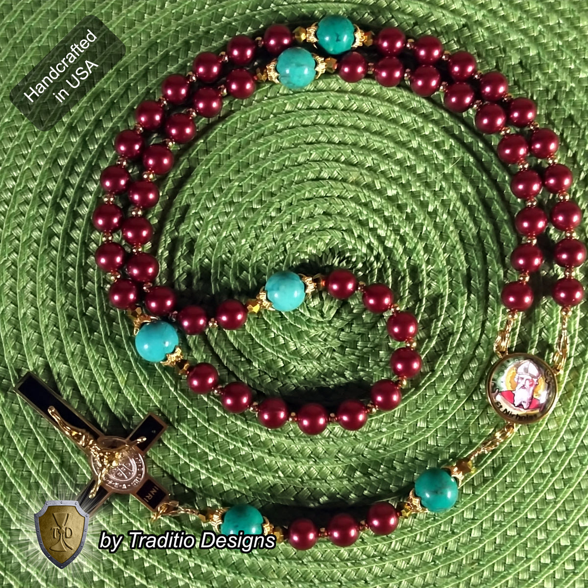 St. Nicholas Limited Edition Royal Relic Rosary | 18K Gold & Onyx Black Gold | Respiratory Issues and Fall Injuries | Glass and Turquoise | 3rd Class Relic