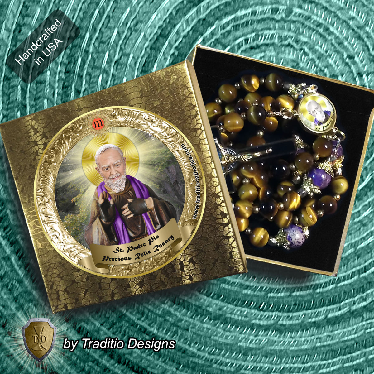 St. Padre Pio Limited Edition Royal Relic Rosary | 18K Gold Plated | Physical & Mental Healing, Stress Relief & Confessors | Tiger's Eye & Purple Emperor Jasper | 3rd Class Relic
