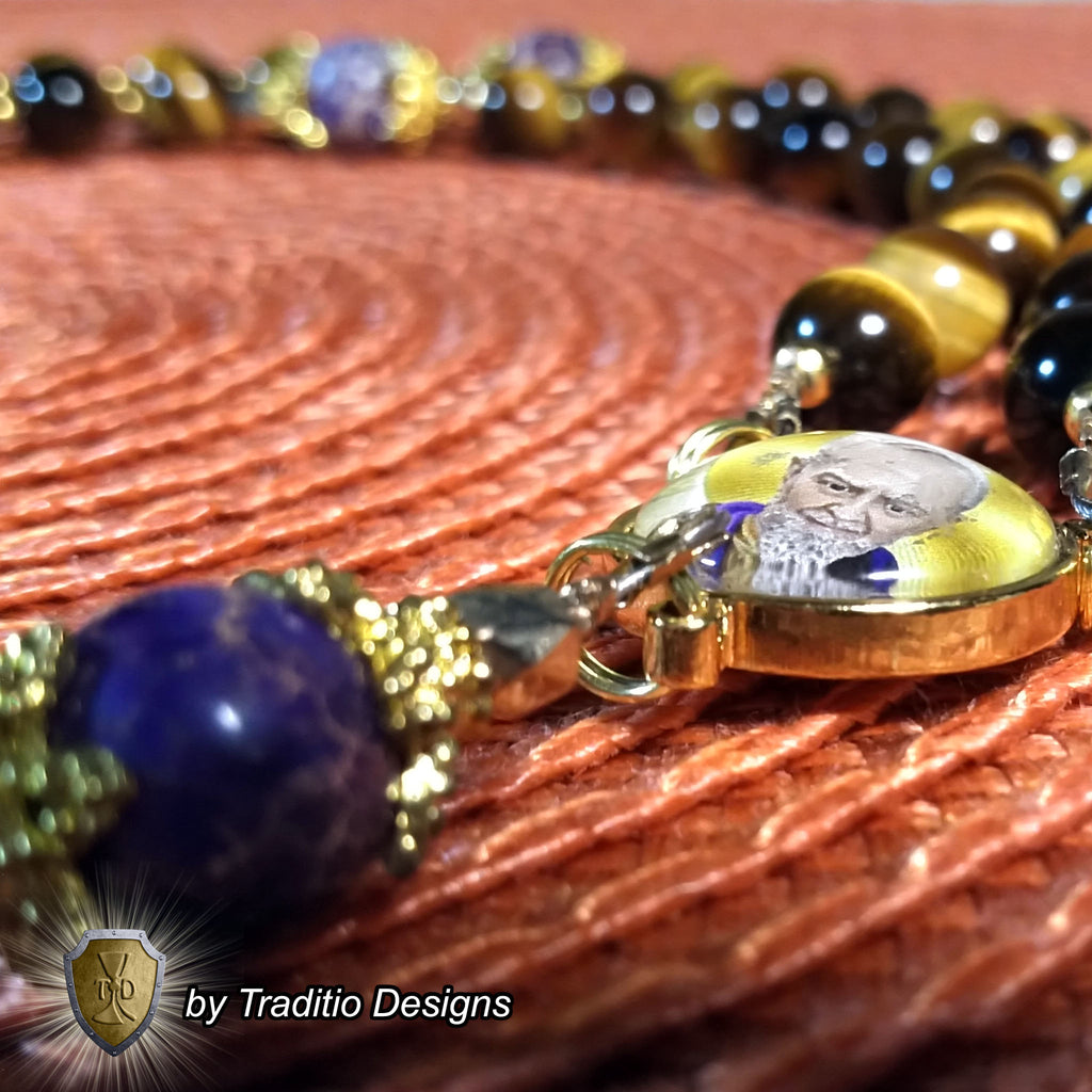 St. Padre Pio Limited Edition Royal Relic Rosary | 18K Gold Plated | Physical & Mental Healing, Stress Relief & Confessors | Tiger's Eye & Purple Emperor Jasper | 3rd Class Relic
