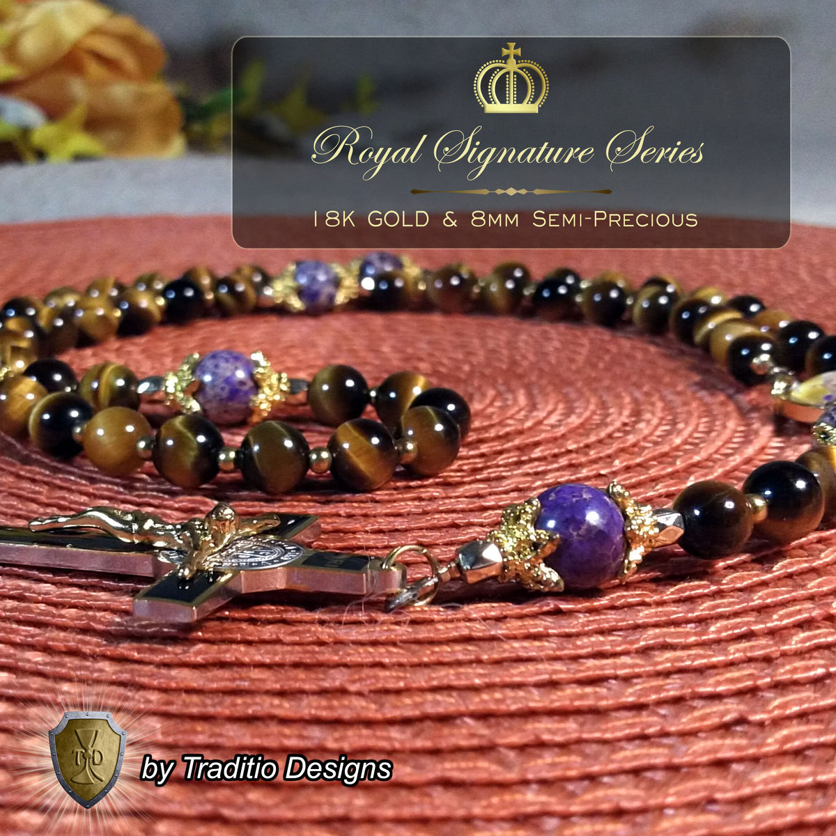 St. Padre Pio Limited Edition Royal Relic Rosary | 18K Gold Plated | Physical & Mental Healing, Stress Relief & Confessors | Tiger's Eye & Purple Emperor Jasper | 3rd Class Relic
