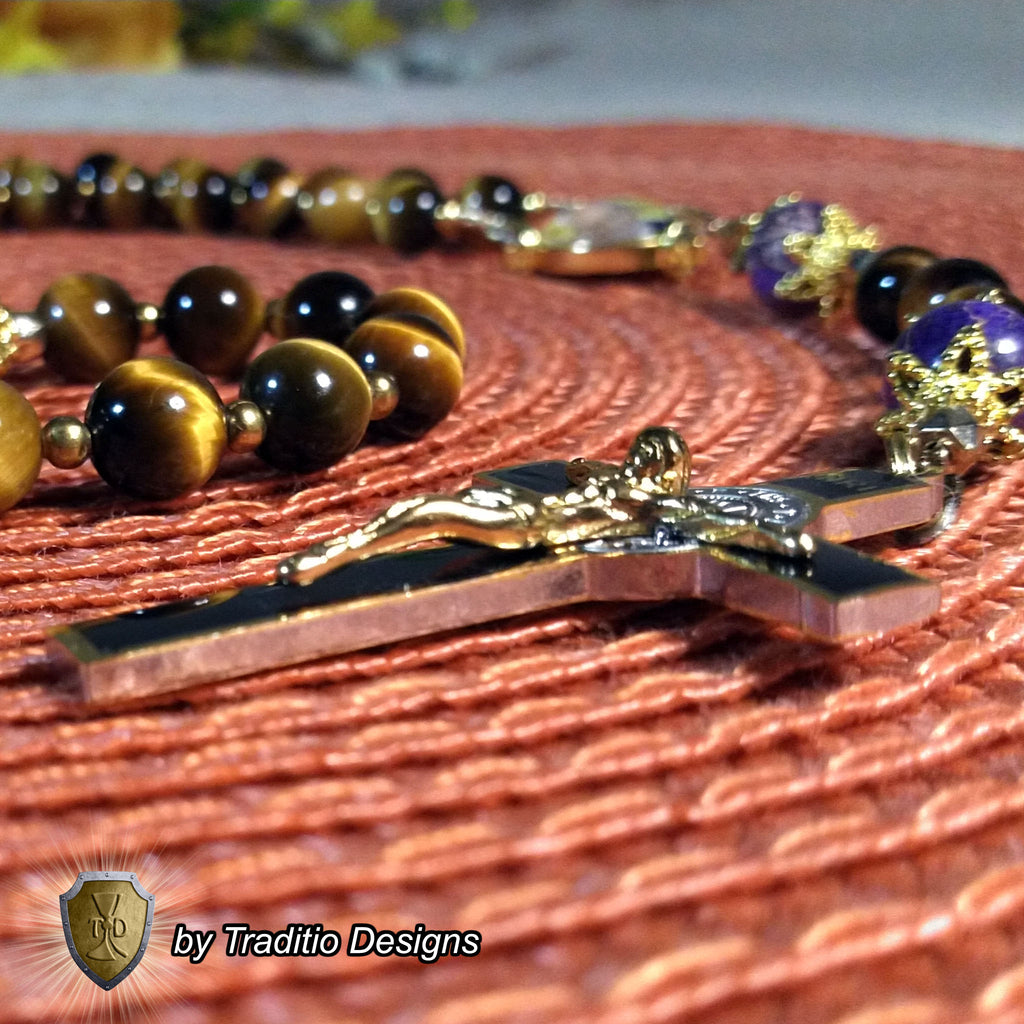 St. Padre Pio Limited Edition Royal Relic Rosary | 18K Gold Plated | Physical & Mental Healing, Stress Relief & Confessors | Tiger's Eye & Purple Emperor Jasper | 3rd Class Relic