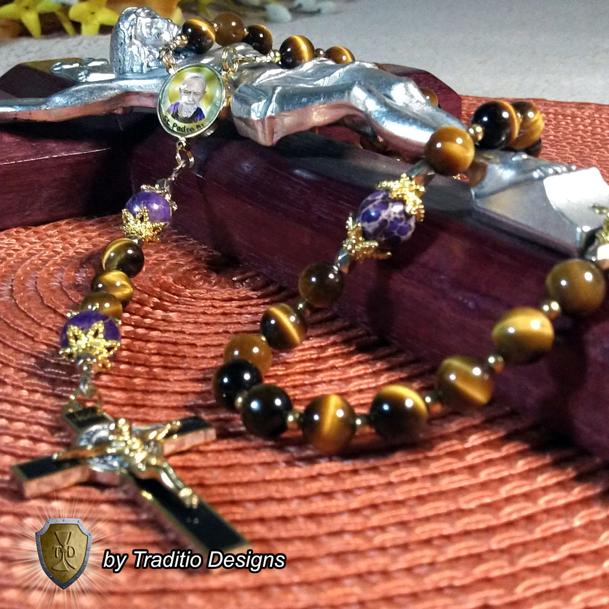 St. Padre Pio Limited Edition Royal Relic Rosary | 18K Gold Plated | Physical & Mental Healing, Stress Relief & Confessors | Tiger's Eye & Purple Emperor Jasper | 3rd Class Relic