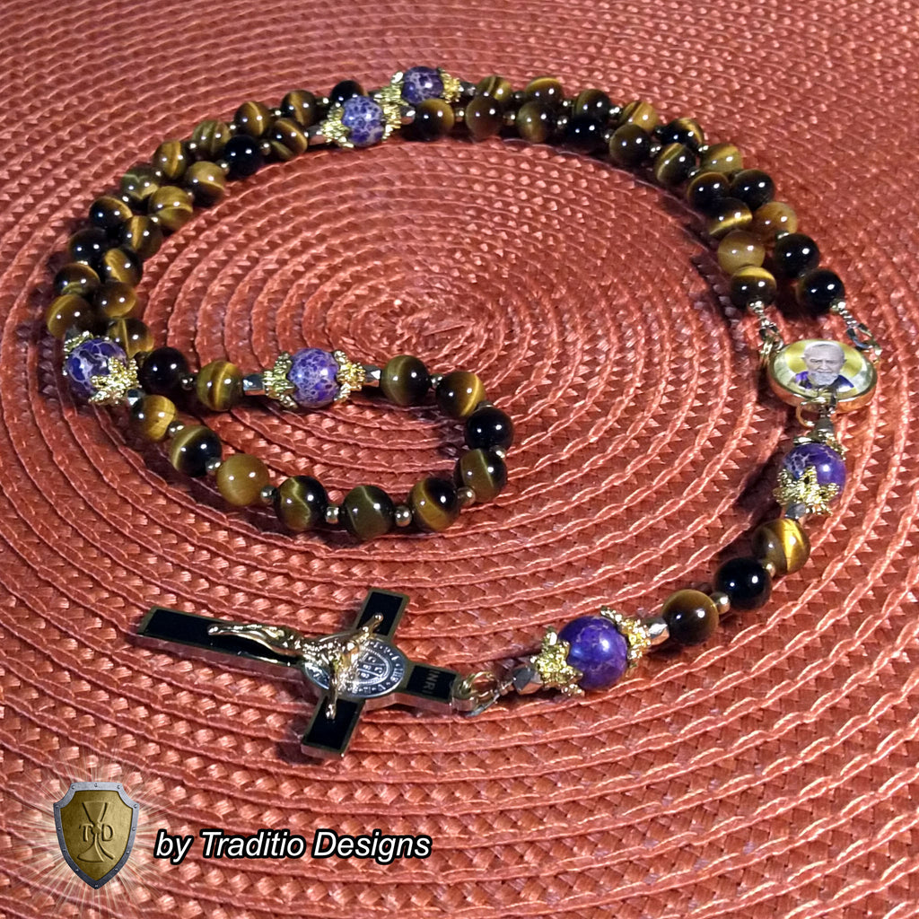 St. Padre Pio Limited Edition Royal Relic Rosary | 18K Gold Plated | Physical & Mental Healing, Stress Relief & Confessors | Tiger's Eye & Purple Emperor Jasper | 3rd Class Relic