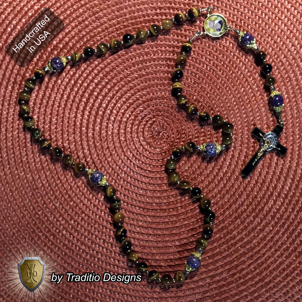 St. Padre Pio Limited Edition Royal Relic Rosary | 18K Gold Plated | Physical & Mental Healing, Stress Relief & Confessors | Tiger's Eye & Purple Emperor Jasper | 3rd Class Relic
