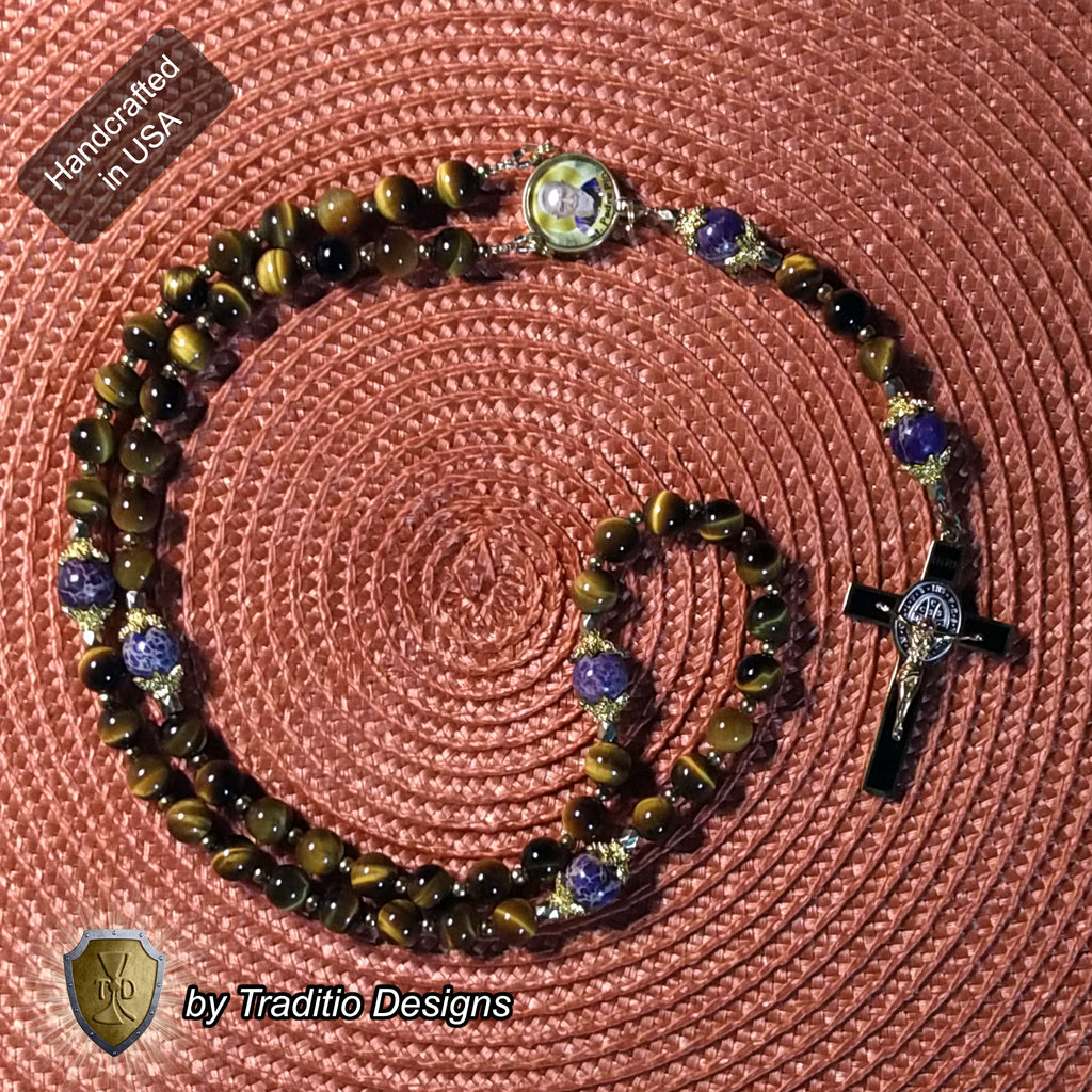 St. Padre Pio Limited Edition Royal Relic Rosary | 18K Gold Plated | Physical & Mental Healing, Stress Relief & Confessors | Tiger's Eye & Purple Emperor Jasper | 3rd Class Relic