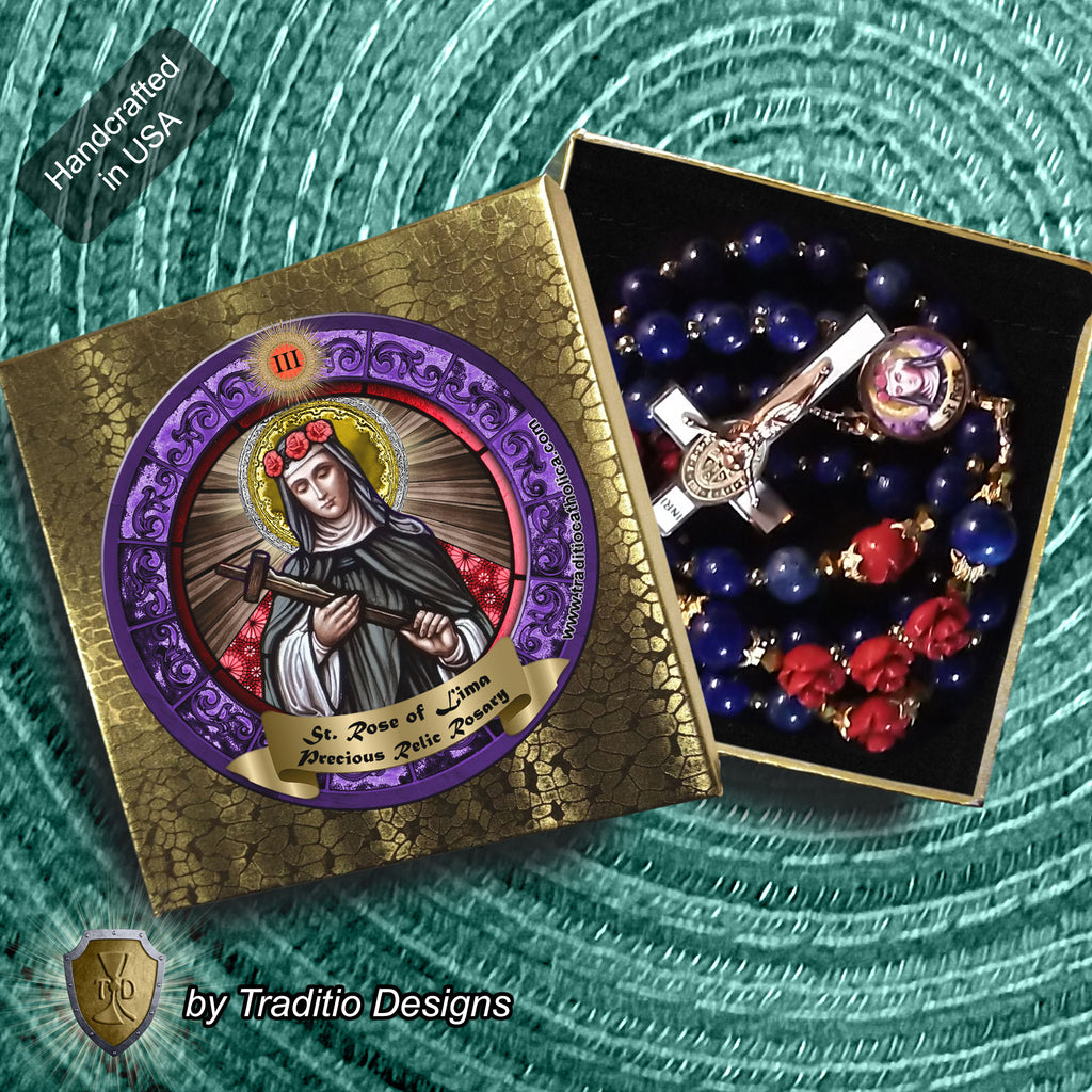 St. Rose of Lima Limited Edition Royal Relic Rosary | 18K Rose Gold Plated | Gardeners, Florists & Overcoming Vanity | Lapis Lazuli & Red Resin Roses | 3rd Class Relic