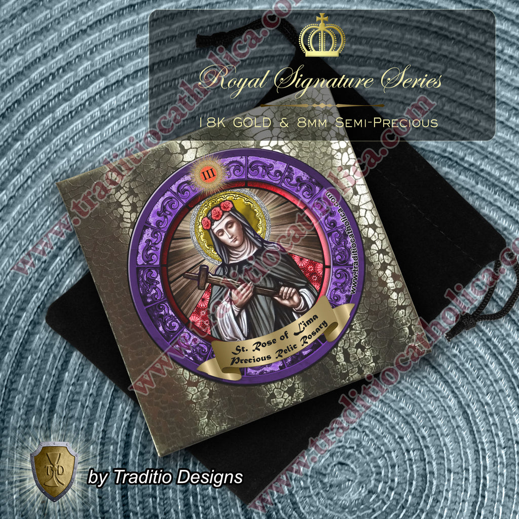 St. Rose of Lima Limited Edition Royal Relic Rosary | 18K Rose Gold Plated | Gardeners, Florists & Overcoming Vanity | Lapis Lazuli & Red Resin Roses | 3rd Class Relic