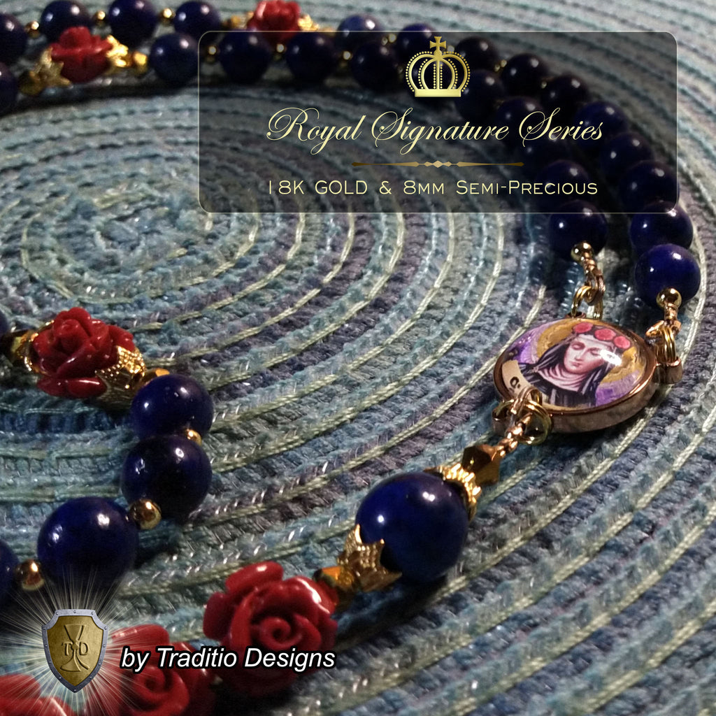 St. Rose of Lima Limited Edition Royal Relic Rosary | 18K Rose Gold Plated | Gardeners, Florists & Overcoming Vanity | Lapis Lazuli & Red Resin Roses | 3rd Class Relic