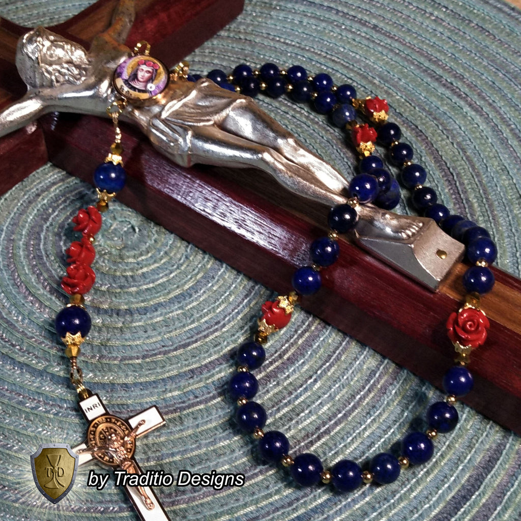 St. Rose of Lima Limited Edition Royal Relic Rosary | 18K Rose Gold Plated | Gardeners, Florists & Overcoming Vanity | Lapis Lazuli & Red Resin Roses | 3rd Class Relic