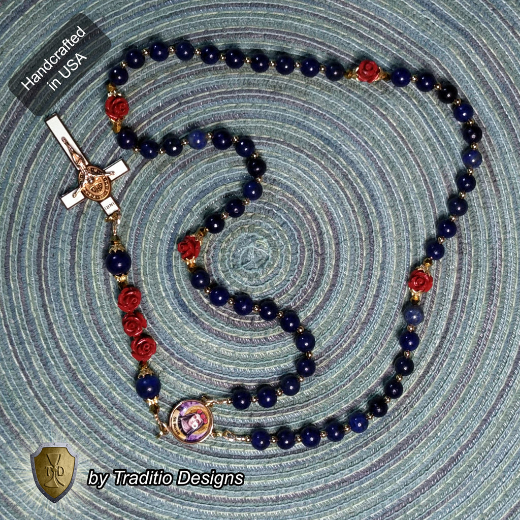 St. Rose of Lima Limited Edition Royal Relic Rosary | 18K Rose Gold Plated | Gardeners, Florists & Overcoming Vanity | Lapis Lazuli & Red Resin Roses | 3rd Class Relic