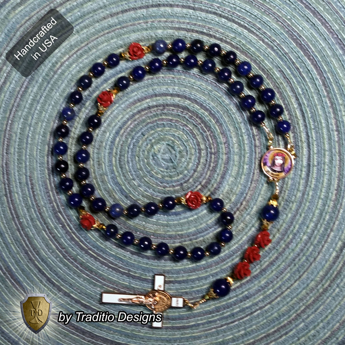 St. Rose of Lima Limited Edition Royal Relic Rosary | 18K Rose Gold Plated | Gardeners, Florists & Overcoming Vanity | Lapis Lazuli & Red Resin Roses | 3rd Class Relic
