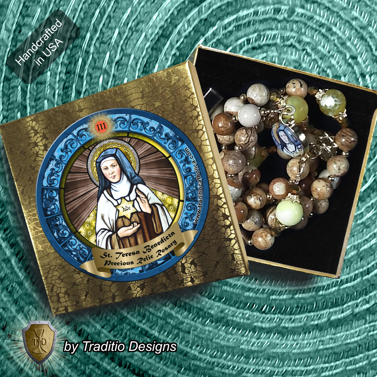 St. Teresa Benedicta Limited Edition Royal Relic Rosary | 18K Gold & Onyx Black Gold | Psychological Trauma | Agate and Jasper | 3rd Class Relic