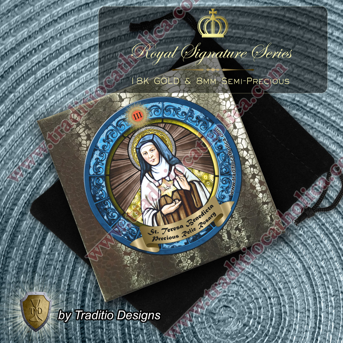 St. Teresa Benedicta Limited Edition Royal Relic Rosary | 18K Gold & Onyx Black Gold | Psychological Trauma | Agate and Jasper | 3rd Class Relic