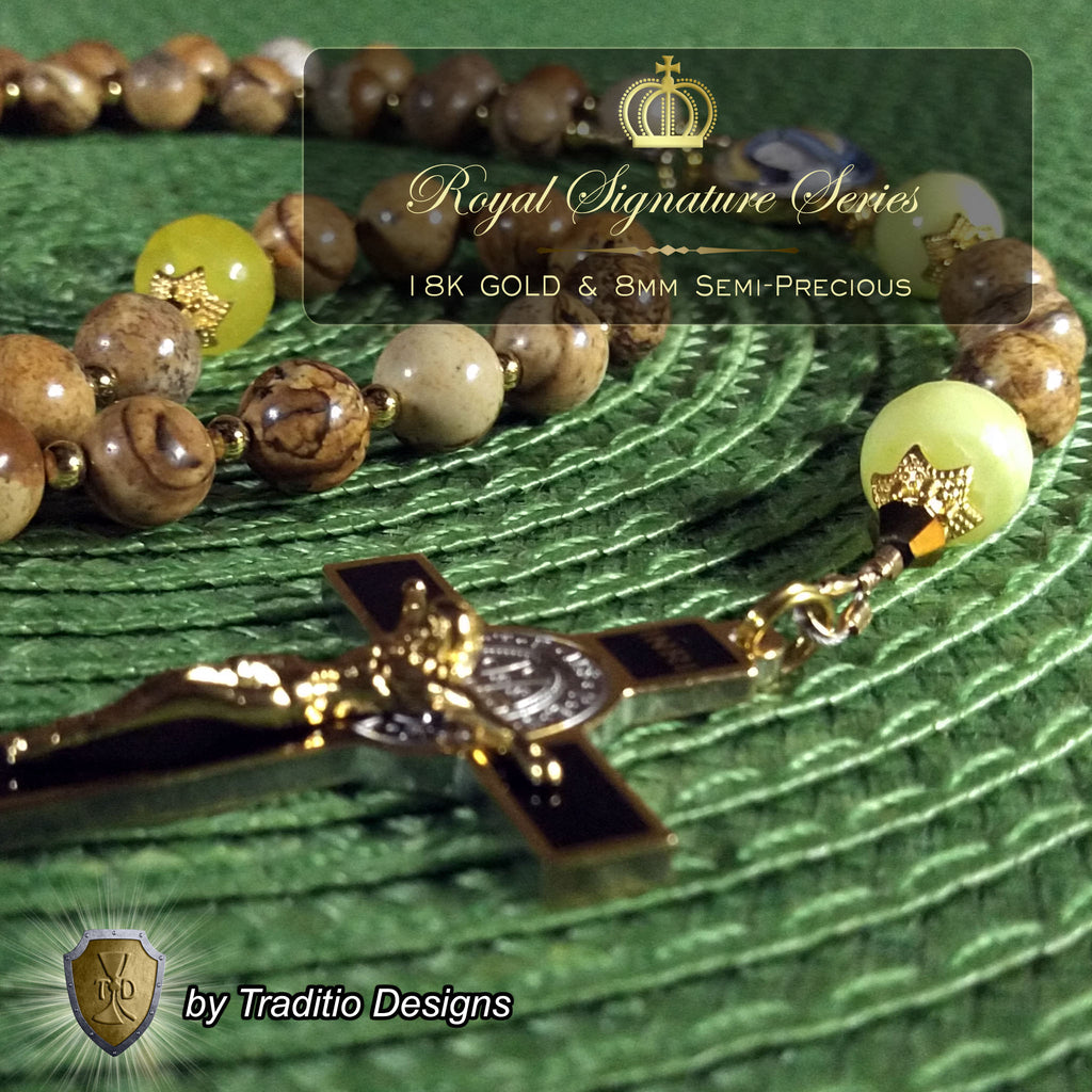 St. Teresa Benedicta Limited Edition Royal Relic Rosary | 18K Gold & Onyx Black Gold | Psychological Trauma | Agate and Jasper | 3rd Class Relic