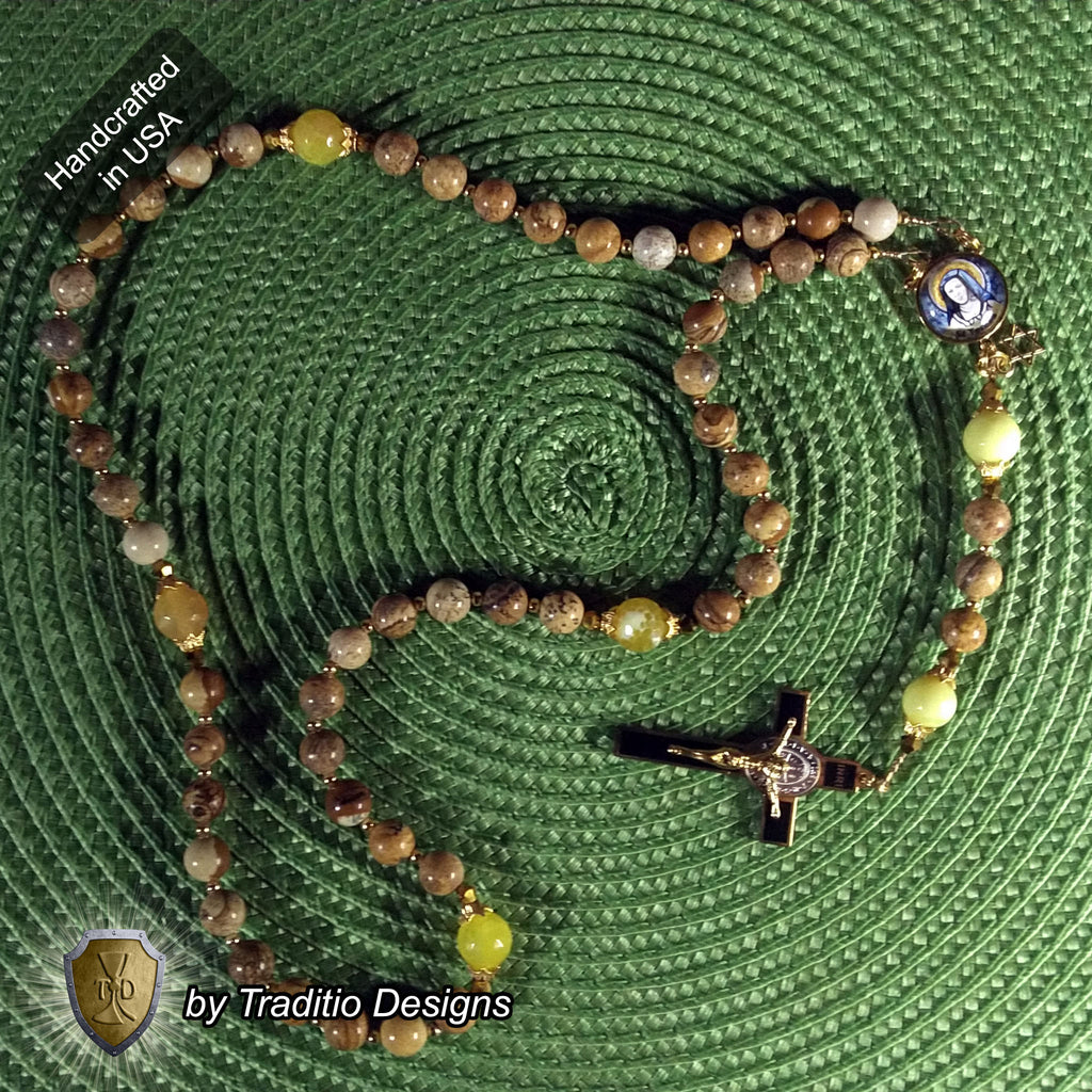 St. Teresa Benedicta Limited Edition Royal Relic Rosary | 18K Gold & Onyx Black Gold | Psychological Trauma | Agate and Jasper | 3rd Class Relic