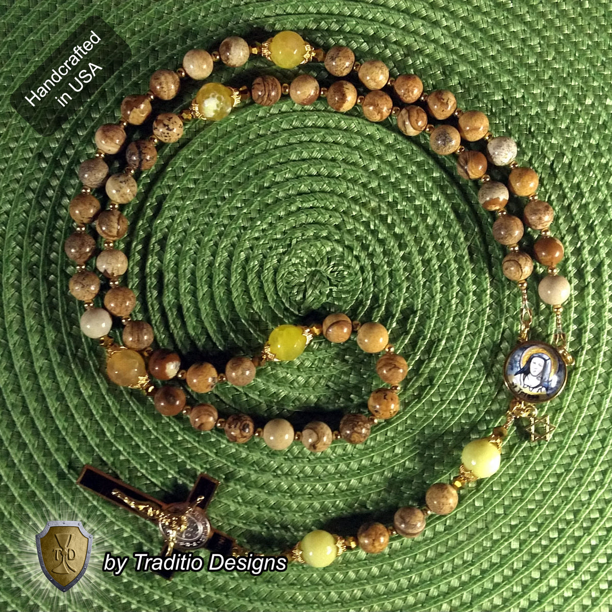 St. Teresa Benedicta Limited Edition Royal Relic Rosary | 18K Gold & Onyx Black Gold | Psychological Trauma | Agate and Jasper | 3rd Class Relic
