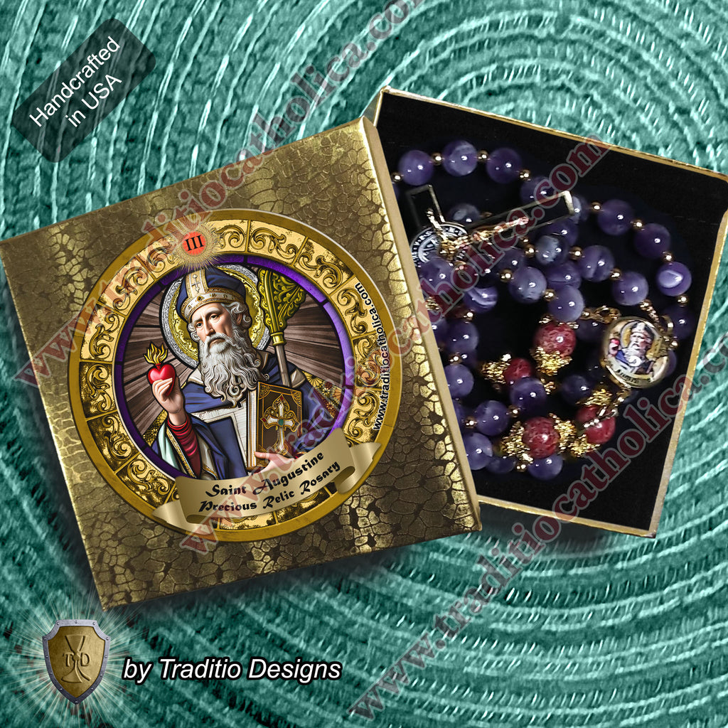 St. Augustine Limited Edition Royal Relic Rosary | 18K Gold & Onyx Black Gold | Sore Eyes, Sore Throats & Recovery from Vice | Amethyst & Emperor Jasper | 3rd Class Relic