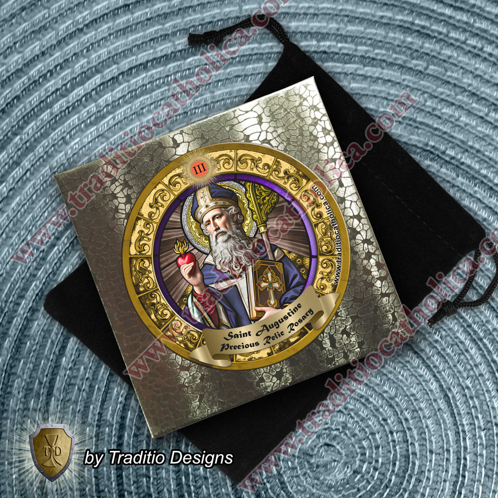 St. Augustine Limited Edition Classic Relic Rosary | 18K Gold & Onyx Black Gold | Sore Eyes, Sore Throats & Recovery from Vice | Bethlehem Olive Wood & Emperor Jasper | 3rd Class Relic