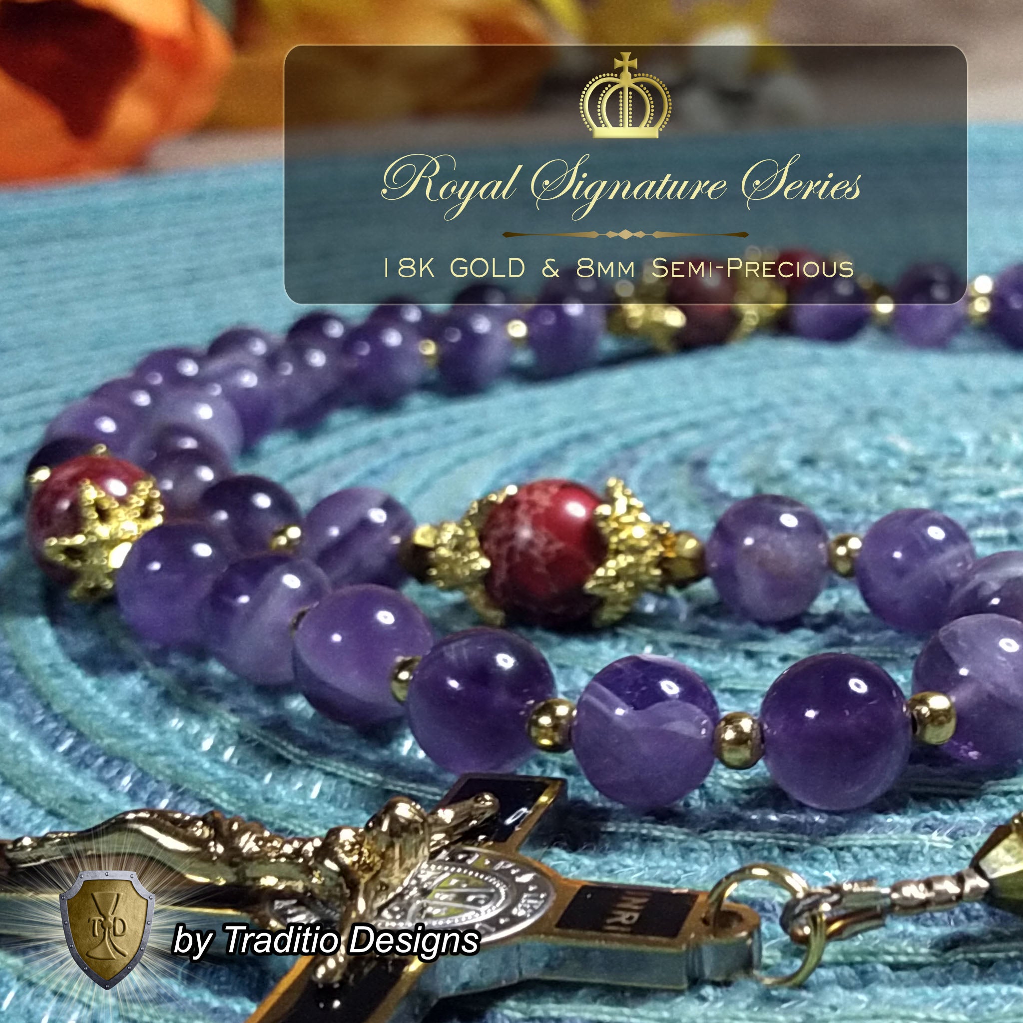 St. Augustine Limited Edition Royal Relic Rosary | 18K Gold & Onyx Black Gold | Sore Eyes, Sore Throats & Recovery from Vice | Amethyst & Emperor Jasper | 3rd Class Relic