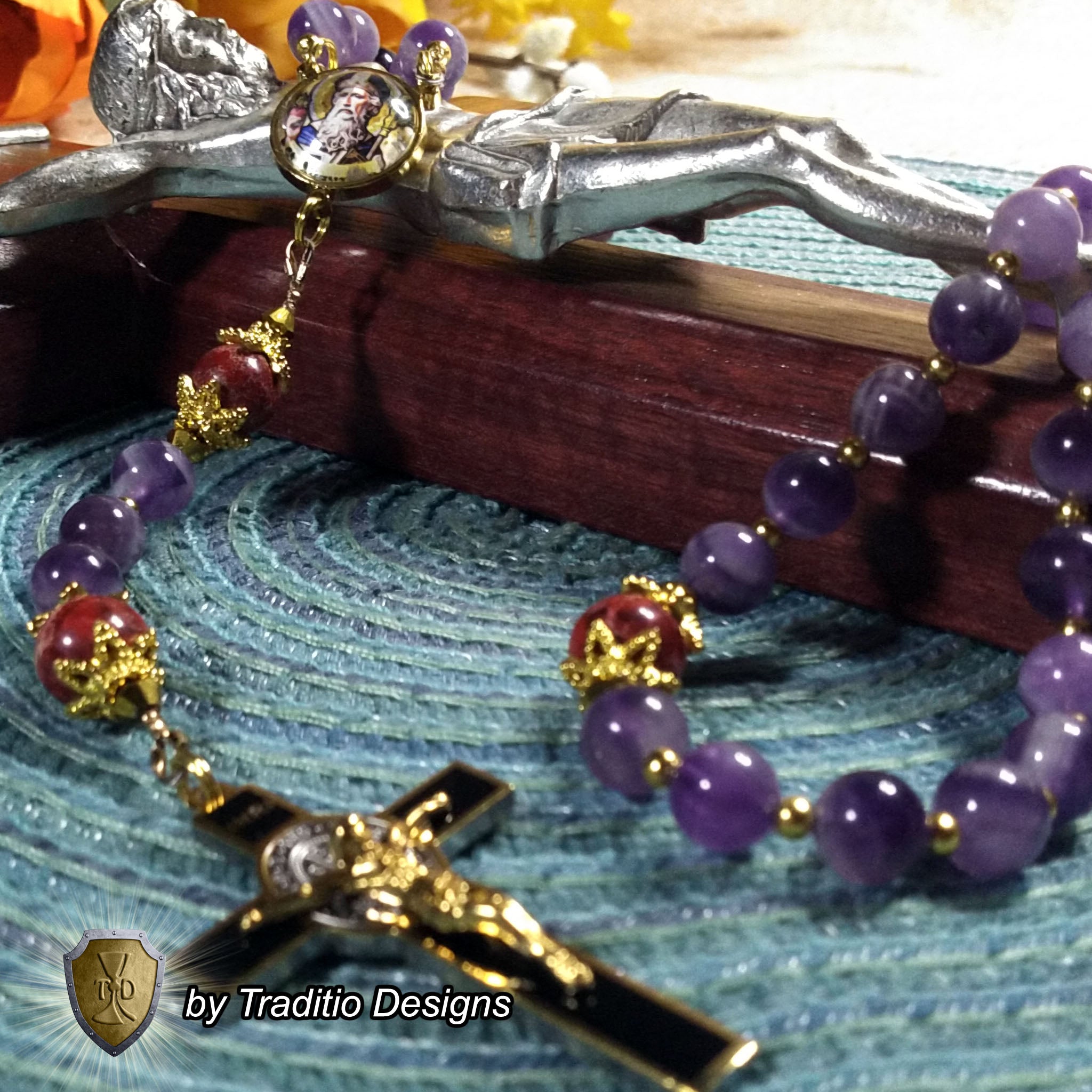 St. Augustine Limited Edition Royal Relic Rosary | 18K Gold & Onyx Black Gold | Sore Eyes, Sore Throats & Recovery from Vice | Amethyst & Emperor Jasper | 3rd Class Relic