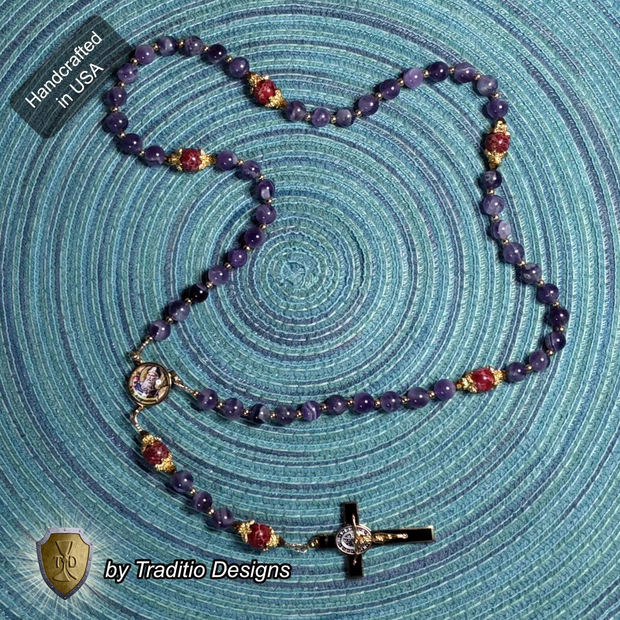 St. Augustine Limited Edition Royal Relic Rosary | 18K Gold & Onyx Black Gold | Sore Eyes, Sore Throats & Recovery from Vice | Amethyst & Emperor Jasper | 3rd Class Relic